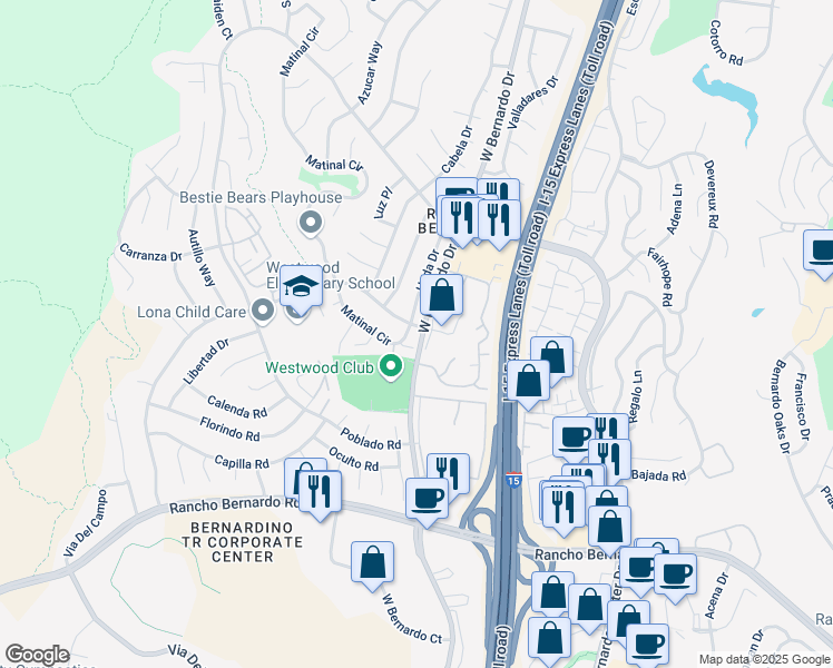 map of restaurants, bars, coffee shops, grocery stores, and more near 11497 Matinal Circle in San Diego