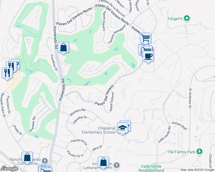 map of restaurants, bars, coffee shops, grocery stores, and more near 17523 Plaza Dolores in San Diego