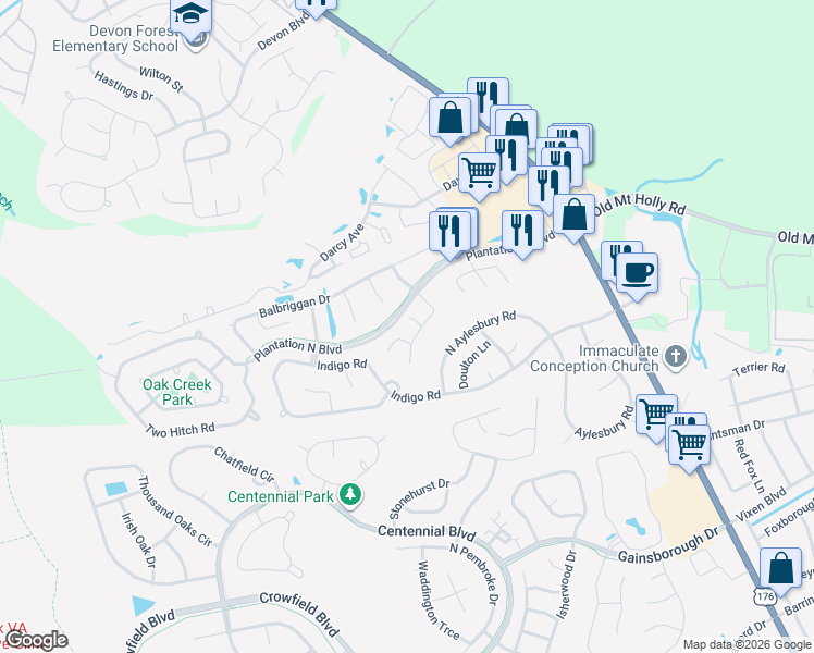 map of restaurants, bars, coffee shops, grocery stores, and more near 101 Westerly Place in Goose Creek