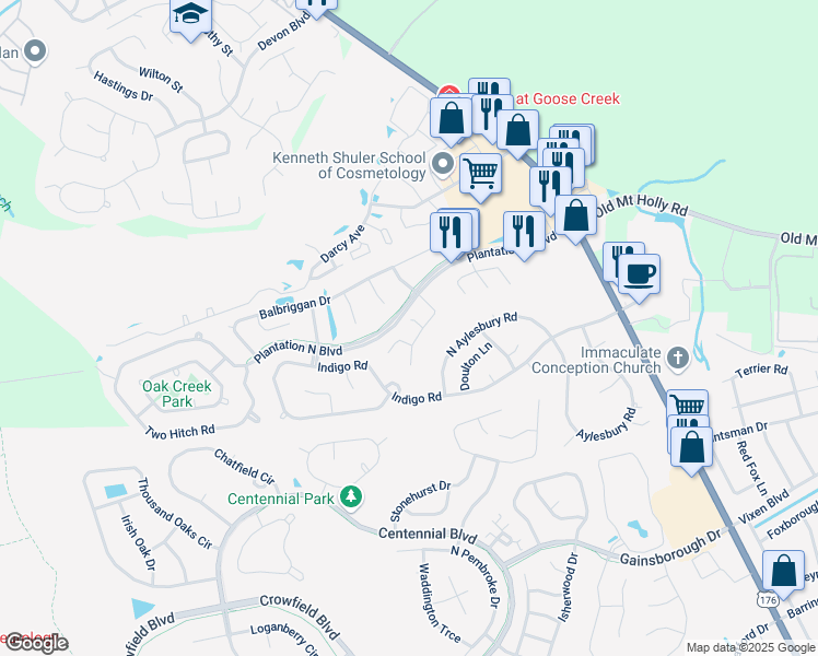 map of restaurants, bars, coffee shops, grocery stores, and more near 101 Westerly Place in Goose Creek