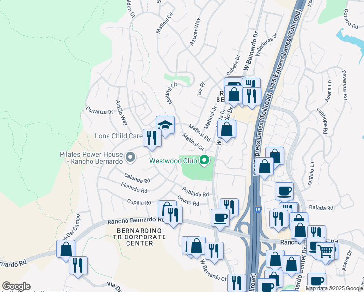 map of restaurants, bars, coffee shops, grocery stores, and more near 17442 Caminito Baya in San Diego