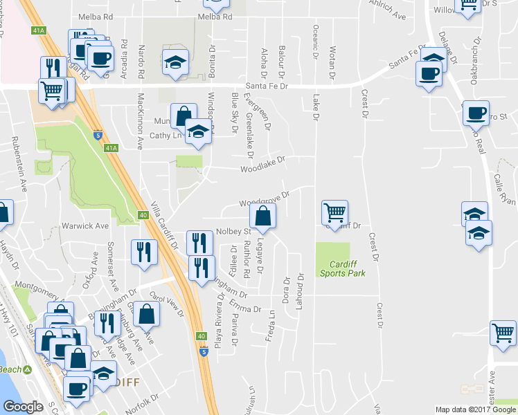 map of restaurants, bars, coffee shops, grocery stores, and more near 991 Woodgrove Drive in Encinitas