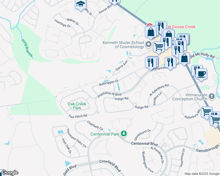 map of restaurants, bars, coffee shops, grocery stores, and more near 118 Dundalk Court in Goose Creek