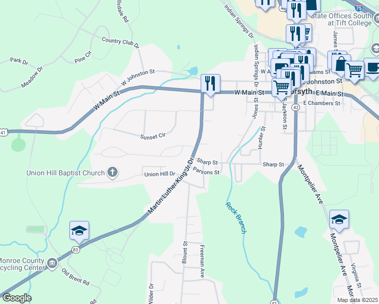 map of restaurants, bars, coffee shops, grocery stores, and more near 167 Martin Luther King Junior Drive in Forsyth