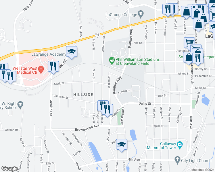 map of restaurants, bars, coffee shops, grocery stores, and more near 500 Lincoln Street in LaGrange