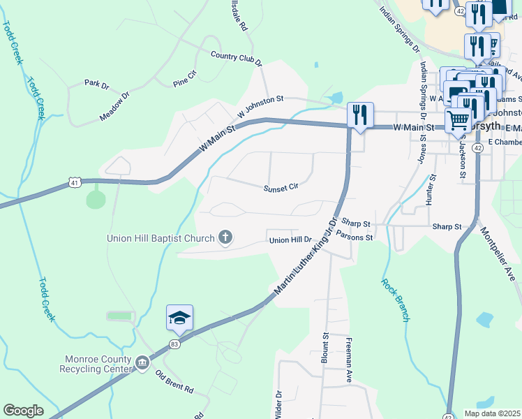 map of restaurants, bars, coffee shops, grocery stores, and more near 379 Brookwood Drive in Forsyth
