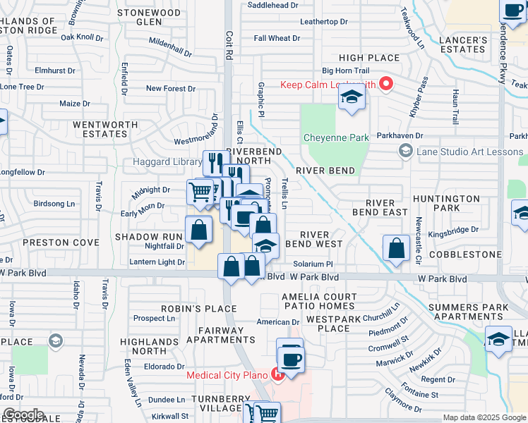 map of restaurants, bars, coffee shops, grocery stores, and more near 2307 Promontory Point in Plano