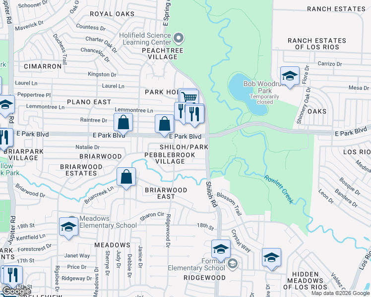 map of restaurants, bars, coffee shops, grocery stores, and more near 3500 East Park Boulevard in Plano