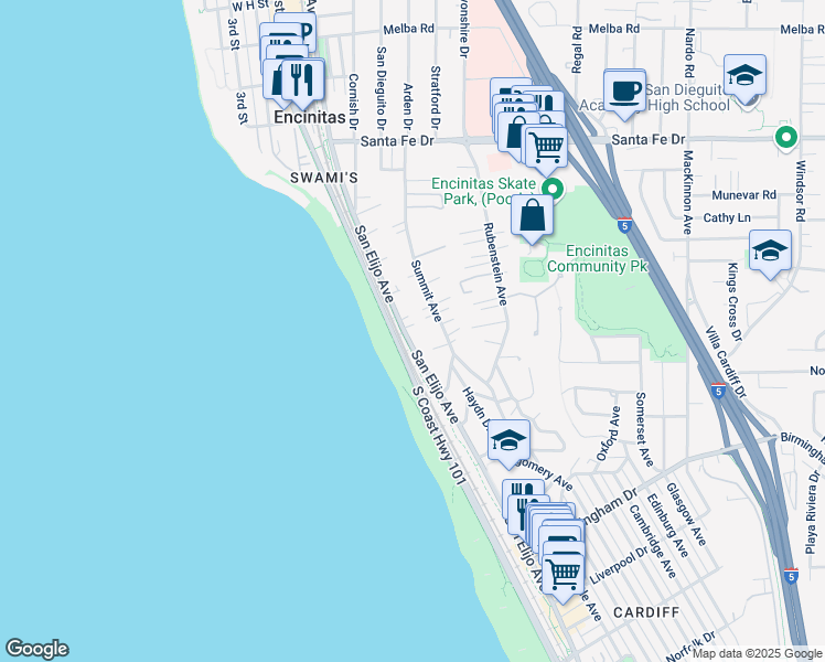 map of restaurants, bars, coffee shops, grocery stores, and more near 1545 San Elijo Avenue in Encinitas
