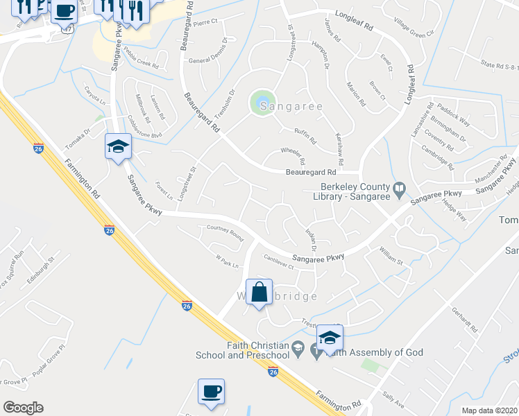 map of restaurants, bars, coffee shops, grocery stores, and more near 103 Wigwam Way in Summerville