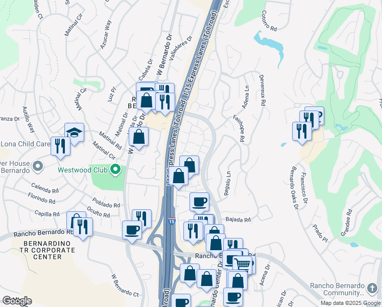map of restaurants, bars, coffee shops, grocery stores, and more near 17483 Ashburton Road in San Diego