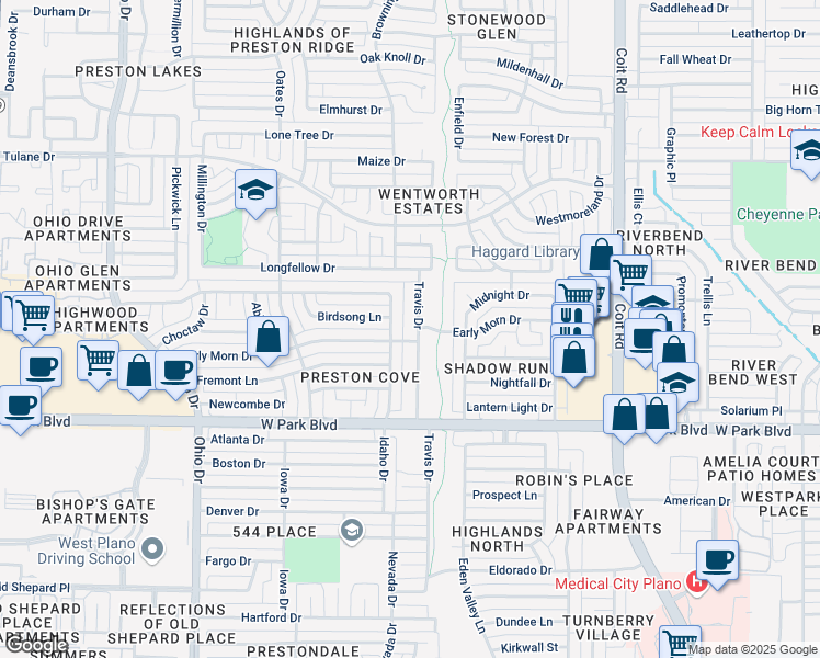 map of restaurants, bars, coffee shops, grocery stores, and more near 2304 Florence Drive in Plano