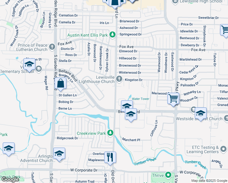 map of restaurants, bars, coffee shops, grocery stores, and more near 1350 South Old Orchard Lane in Lewisville