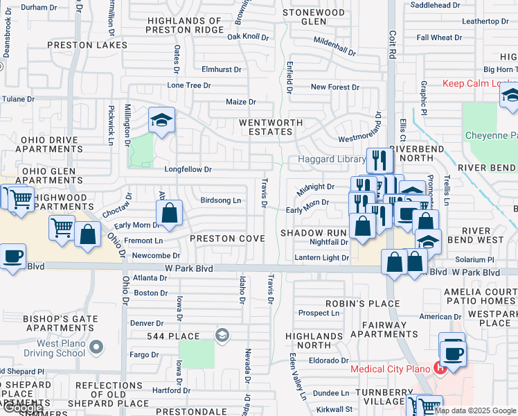 map of restaurants, bars, coffee shops, grocery stores, and more near 2304 Florence Drive in Plano