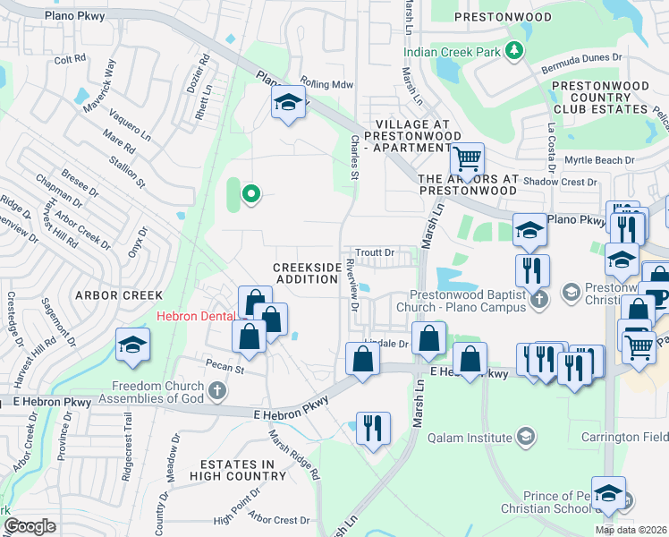 map of restaurants, bars, coffee shops, grocery stores, and more near 2643 Elmbrook Drive in Carrollton