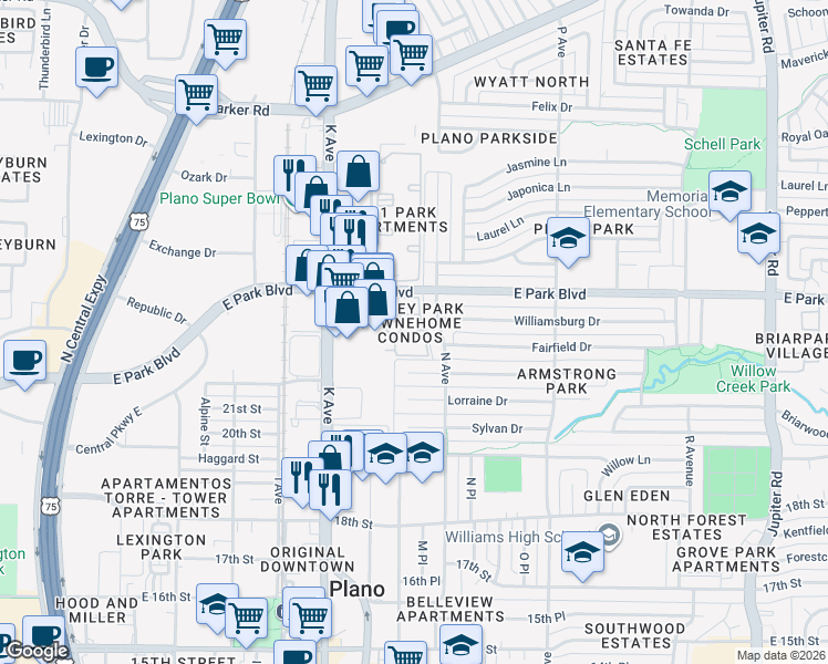 map of restaurants, bars, coffee shops, grocery stores, and more near 2260 Ashley Park Drive in Plano