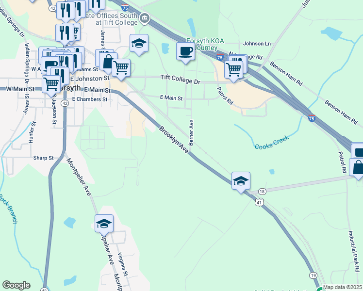 map of restaurants, bars, coffee shops, grocery stores, and more near 26 Brooklyn Avenue in Forsyth
