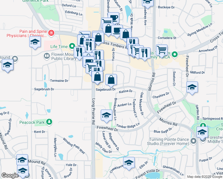 map of restaurants, bars, coffee shops, grocery stores, and more near 2605 Sagebrush Drive in Flower Mound
