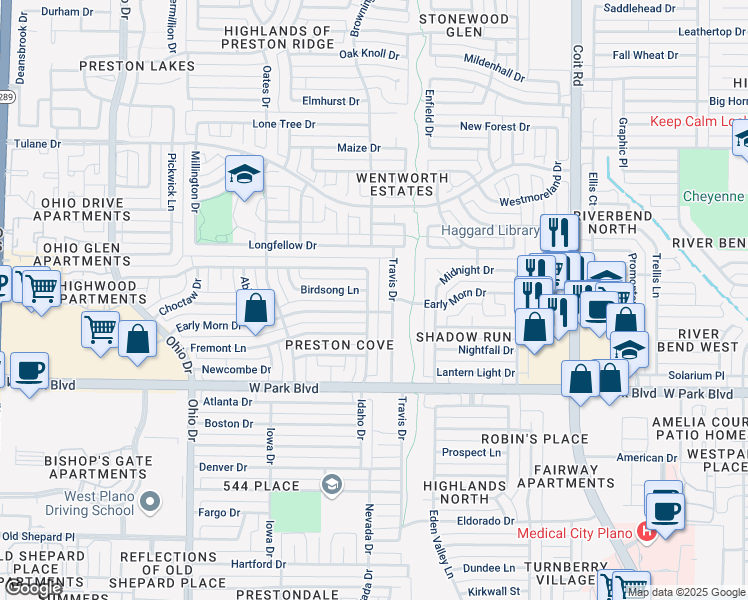 map of restaurants, bars, coffee shops, grocery stores, and more near 2304 Florence Drive in Plano