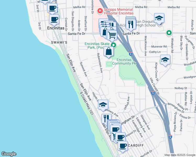 map of restaurants, bars, coffee shops, grocery stores, and more near 247 May Court in Encinitas