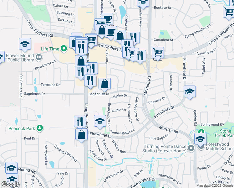map of restaurants, bars, coffee shops, grocery stores, and more near 2500 Katina Drive in Flower Mound