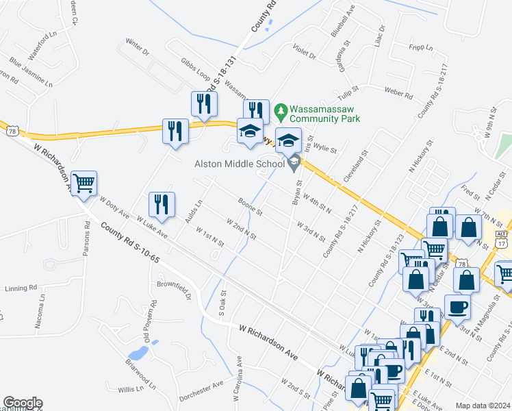 map of restaurants, bars, coffee shops, grocery stores, and more near 101 Alston Lane in Summerville