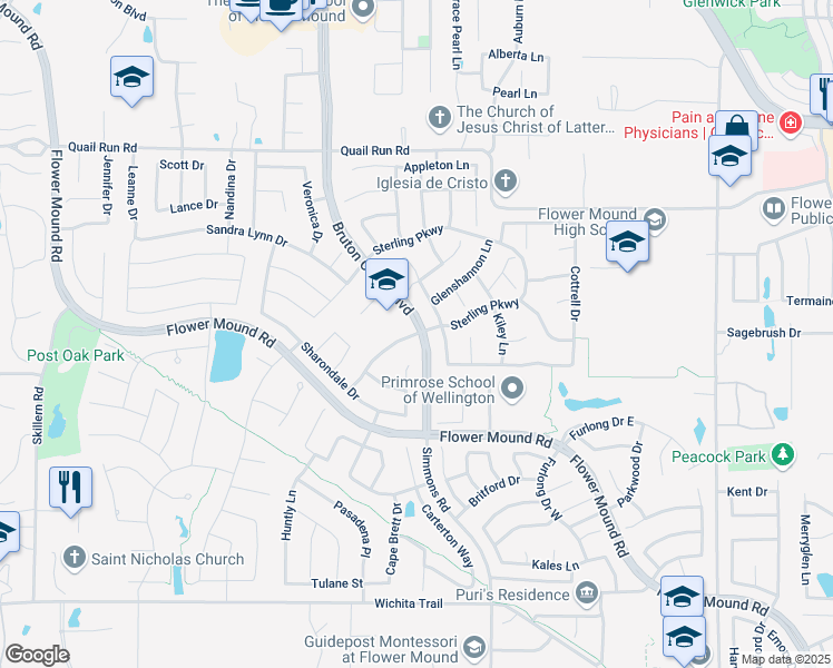 map of restaurants, bars, coffee shops, grocery stores, and more near 3900 Kenwood Drive in Flower Mound