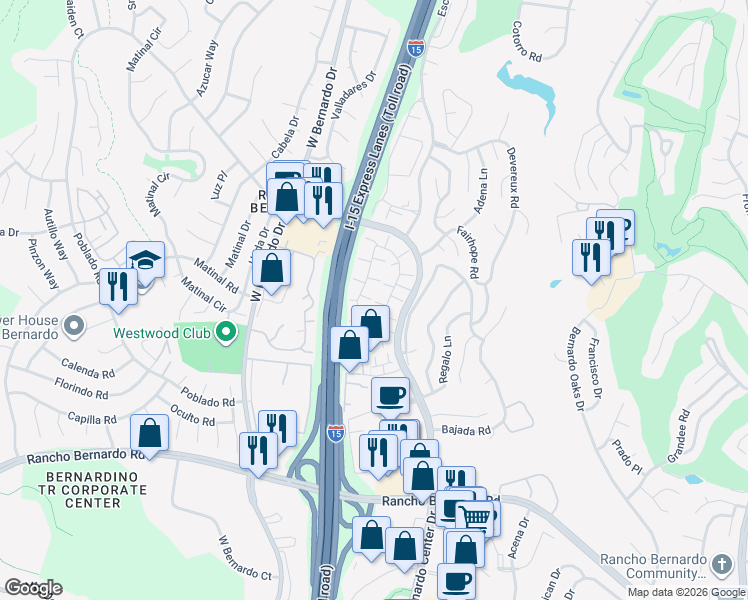 map of restaurants, bars, coffee shops, grocery stores, and more near 17483 Ashburton Road in San Diego