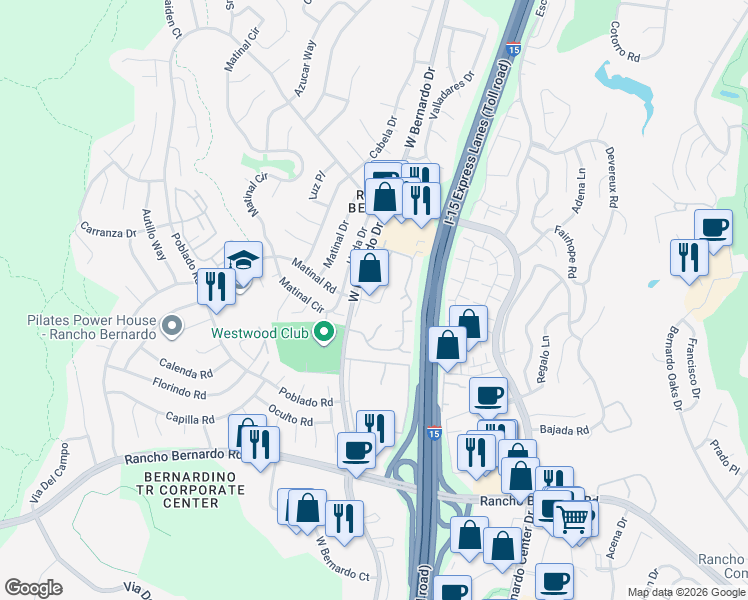 map of restaurants, bars, coffee shops, grocery stores, and more near 17404 Caminito Siega in San Diego