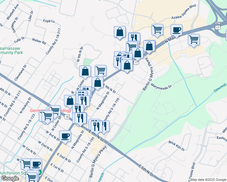 map of restaurants, bars, coffee shops, grocery stores, and more near 255 East 9th North Street in Summerville