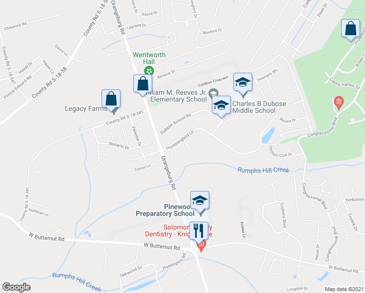 map of restaurants, bars, coffee shops, grocery stores, and more near 2122 Hummingbird Lane in Summerville