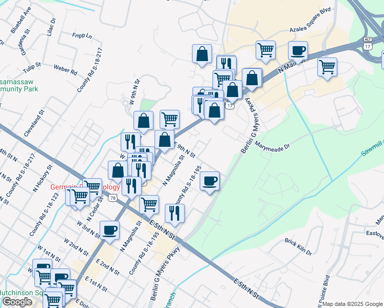 map of restaurants, bars, coffee shops, grocery stores, and more near 257 East 9th North Street in Summerville