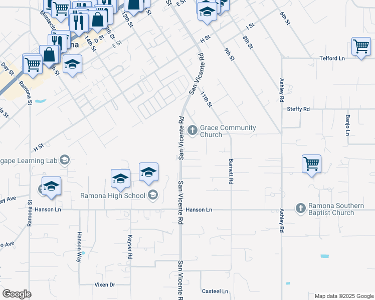 map of restaurants, bars, coffee shops, grocery stores, and more near 1142 San Vicente Road in Ramona