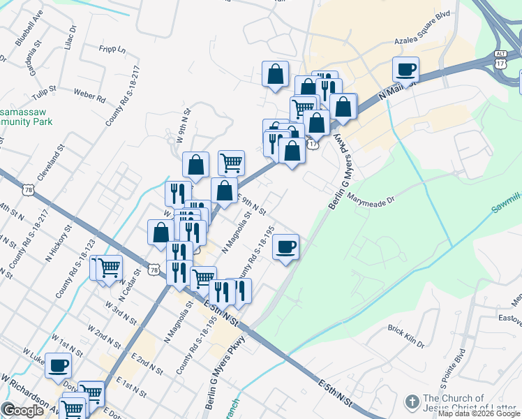 map of restaurants, bars, coffee shops, grocery stores, and more near 255 East 9th North Street in Summerville