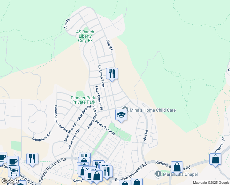 map of restaurants, bars, coffee shops, grocery stores, and more near 17314 Albert Ave in San Diego