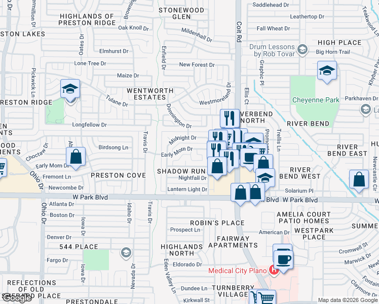 map of restaurants, bars, coffee shops, grocery stores, and more near 4200 Early Morn Dr in Plano