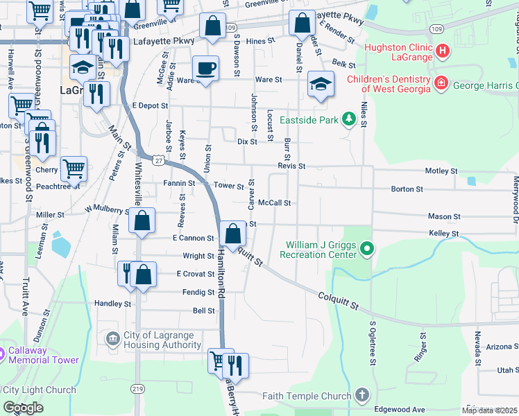 map of restaurants, bars, coffee shops, grocery stores, and more near 302 McCall Street in LaGrange