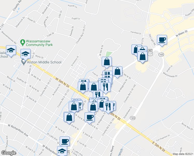 map of restaurants, bars, coffee shops, grocery stores, and more near 804 North Cedar Street in Summerville