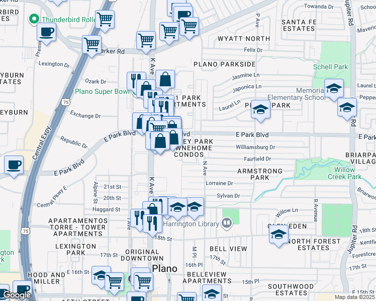 map of restaurants, bars, coffee shops, grocery stores, and more near 2253 Ashley Park Drive in Plano