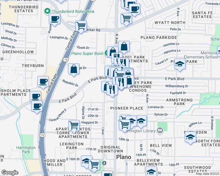 map of restaurants, bars, coffee shops, grocery stores, and more near 2301 K Avenue in Plano