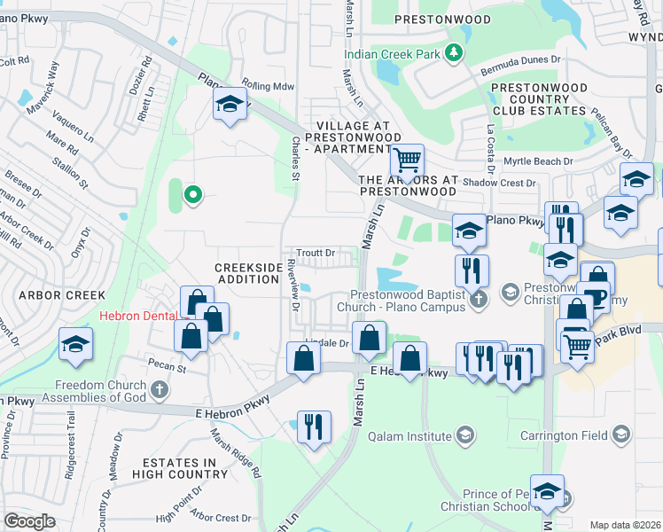 map of restaurants, bars, coffee shops, grocery stores, and more near 4004 Grady Lane in Carrollton