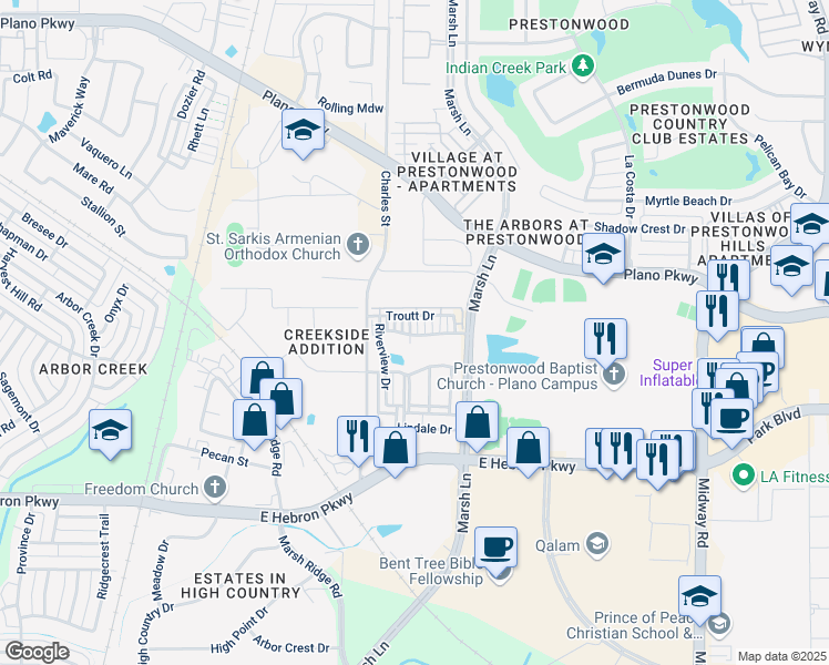 map of restaurants, bars, coffee shops, grocery stores, and more near 2724 Cedar Elm Drive in Carrollton