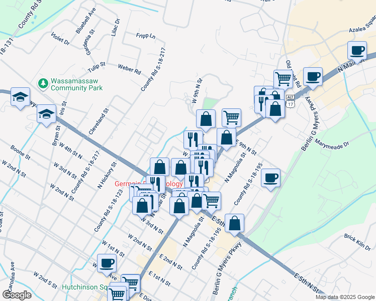 map of restaurants, bars, coffee shops, grocery stores, and more near 804 North Cedar Street in Summerville