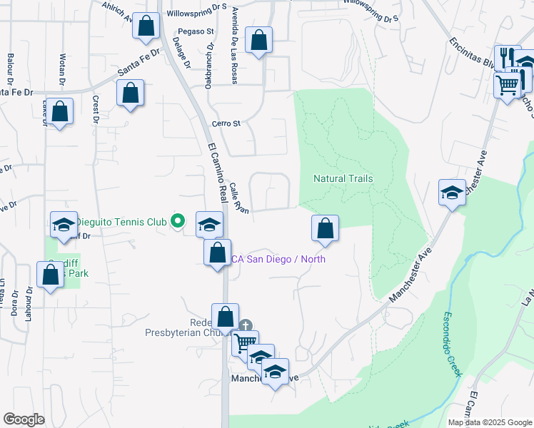 map of restaurants, bars, coffee shops, grocery stores, and more near 1527 Calle Ryan in Encinitas