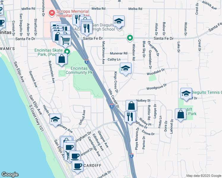 map of restaurants, bars, coffee shops, grocery stores, and more near 1543 Villa Cardiff Drive in Encinitas
