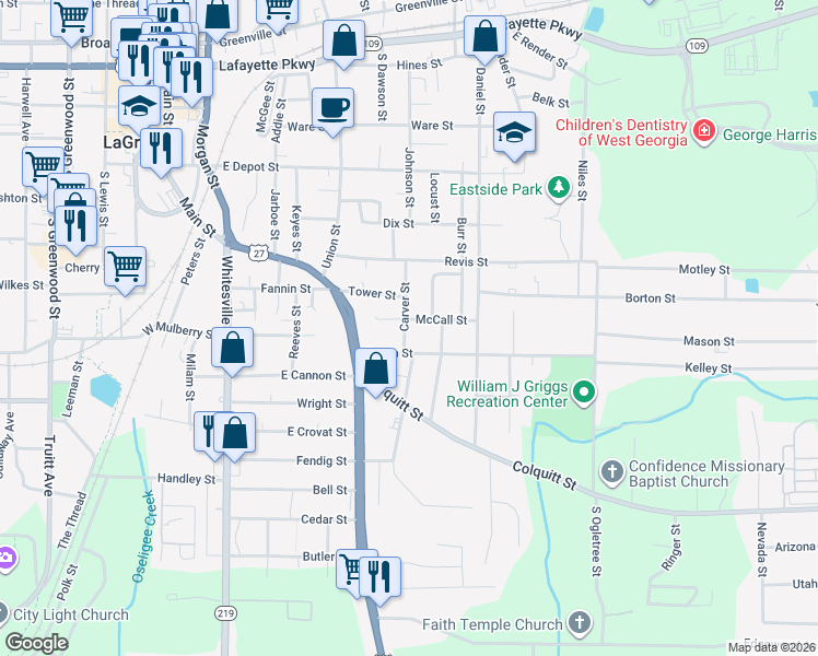 map of restaurants, bars, coffee shops, grocery stores, and more near 302 McCall Street in LaGrange