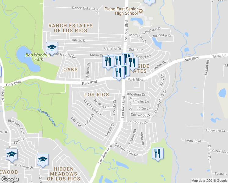 map of restaurants, bars, coffee shops, grocery stores, and more near 4023 Angelina Drive in Plano