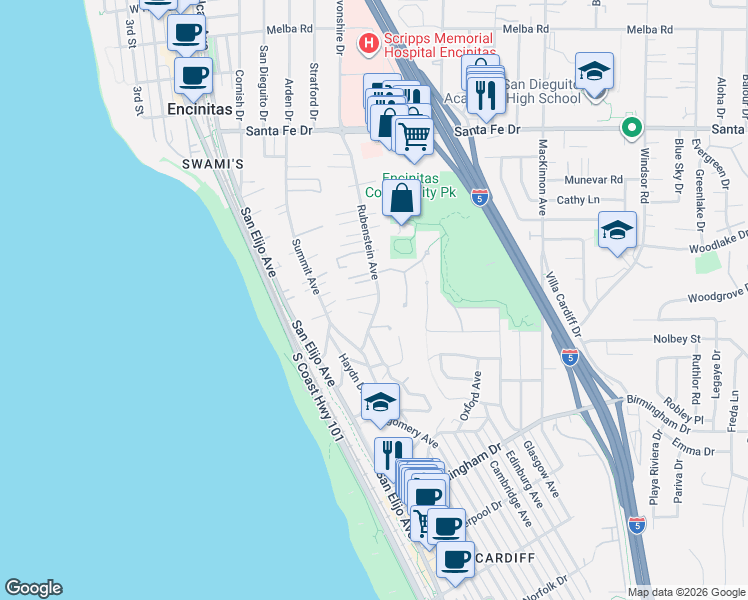 map of restaurants, bars, coffee shops, grocery stores, and more near 1526 Rubenstein Avenue in Encinitas