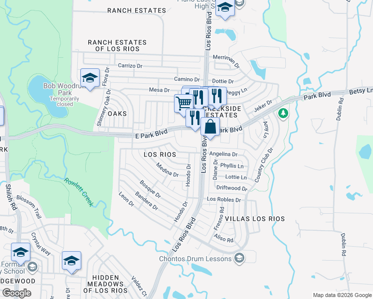 map of restaurants, bars, coffee shops, grocery stores, and more near 4023 Angelina Drive in Plano