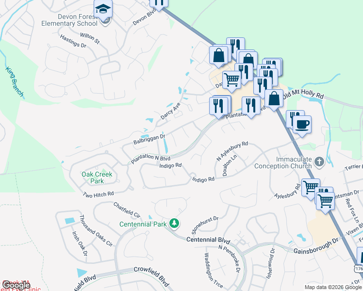 map of restaurants, bars, coffee shops, grocery stores, and more near 111 Brogun Loch Trail in Goose Creek